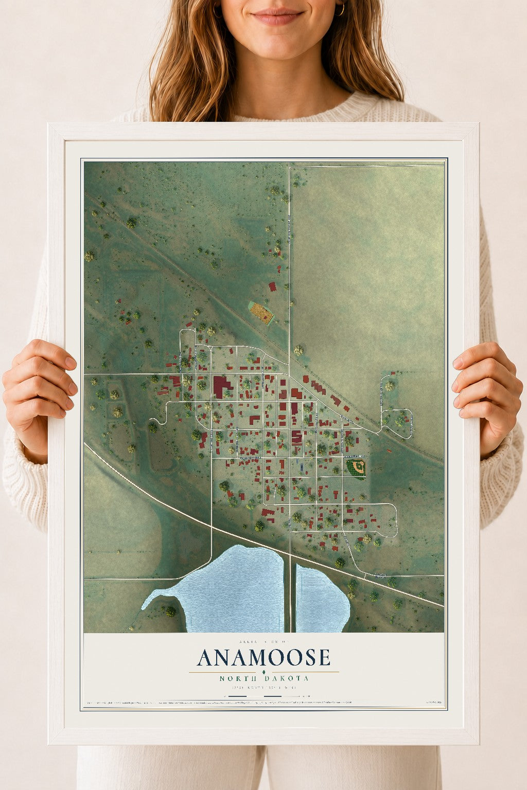 Map of Anamoose, North Dakota, 18 x 24 inch print in a white wood frame