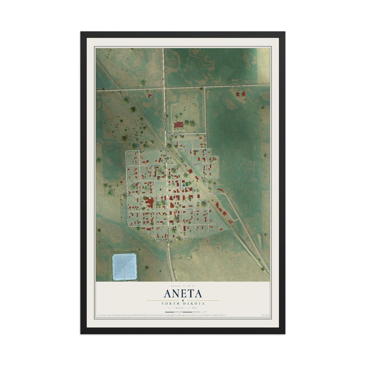 Map of Aneta, North Dakota, 12 x 18 inch print in a black wood frame