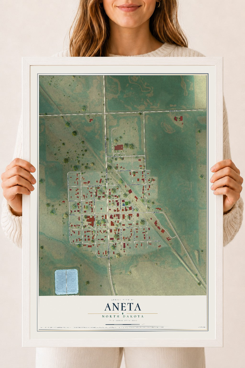 Map of Aneta, North Dakota, 18 x 24 inch print in a white wood frame