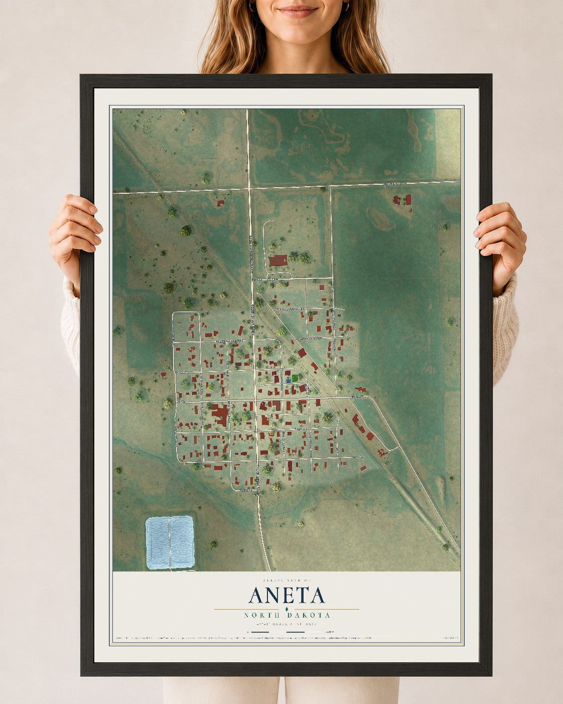 Map of Aneta, North Dakota, 24 x 36 inch print in a black wood frame
