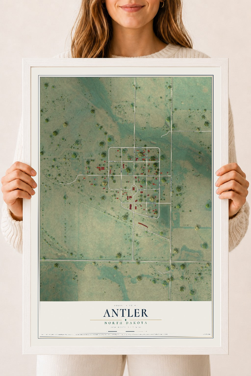 Map of Antler, North Dakota, 18 x 24 inch print in a white wood frame