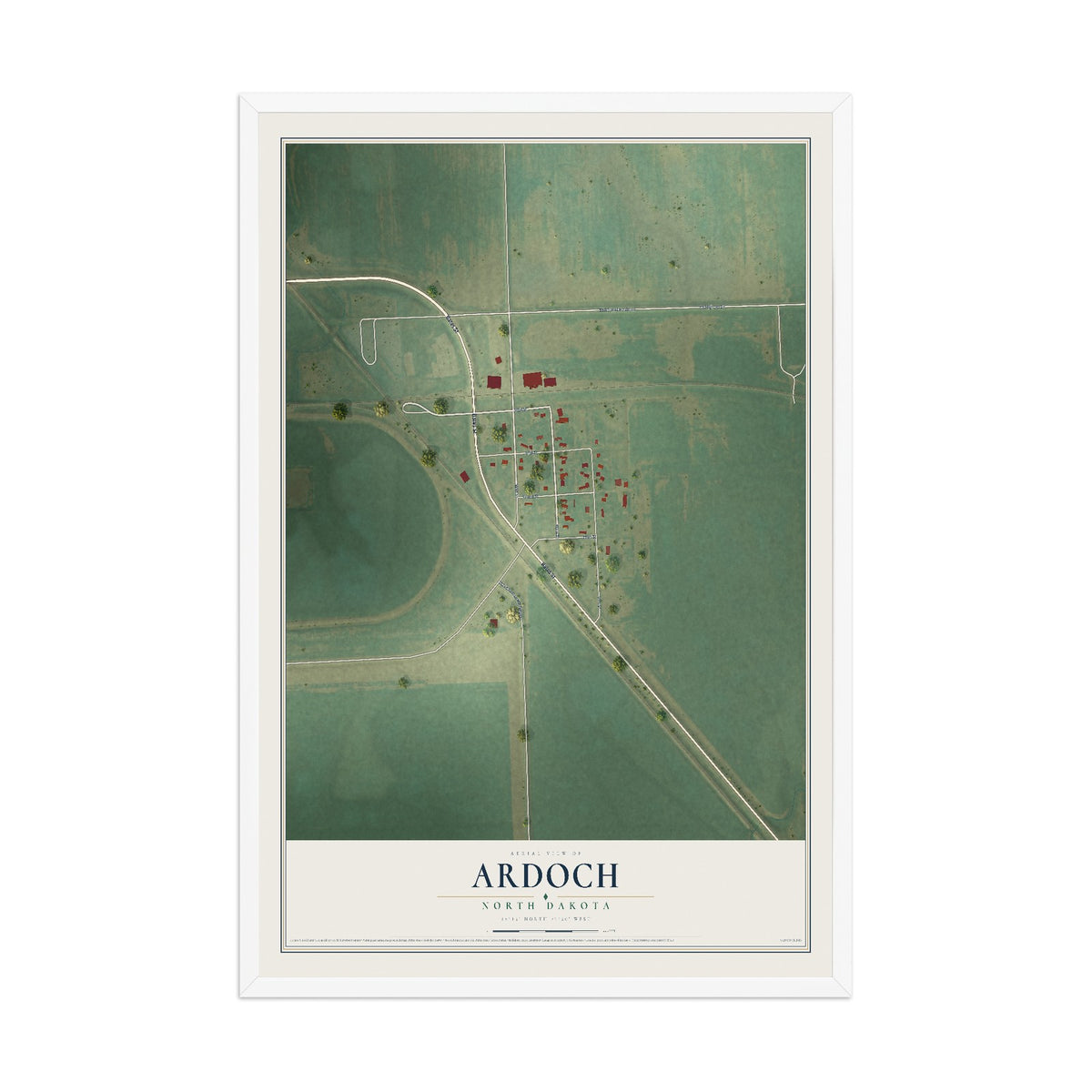 Map of Ardoch, North Dakota, 12 x 18 inch print in a white wood frame