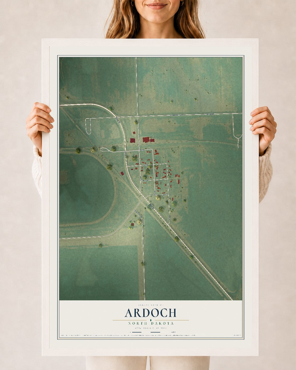 Map of Ardoch, North Dakota, 24 x 36 inch print in a white wood frame