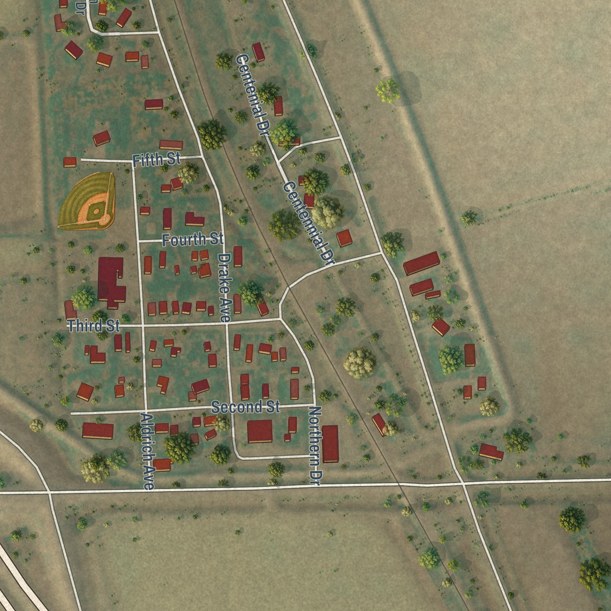 Close-up of the map of Argusville, North Dakota print showing street and building detail