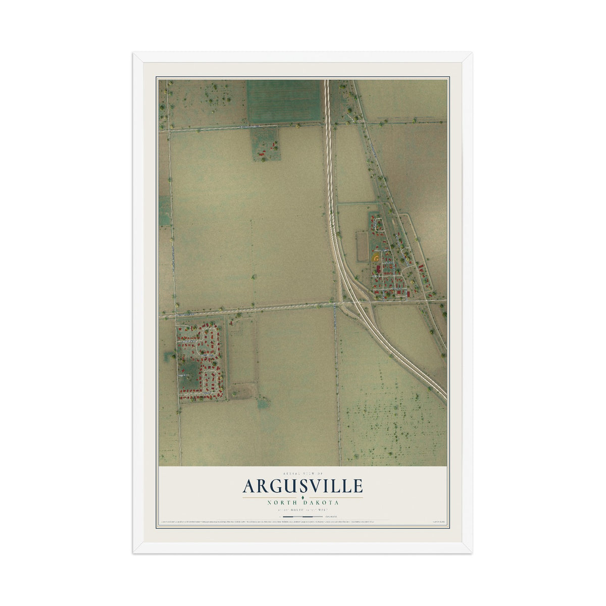 Map of Argusville, North Dakota, 12 x 18 inch print in a white wood frame