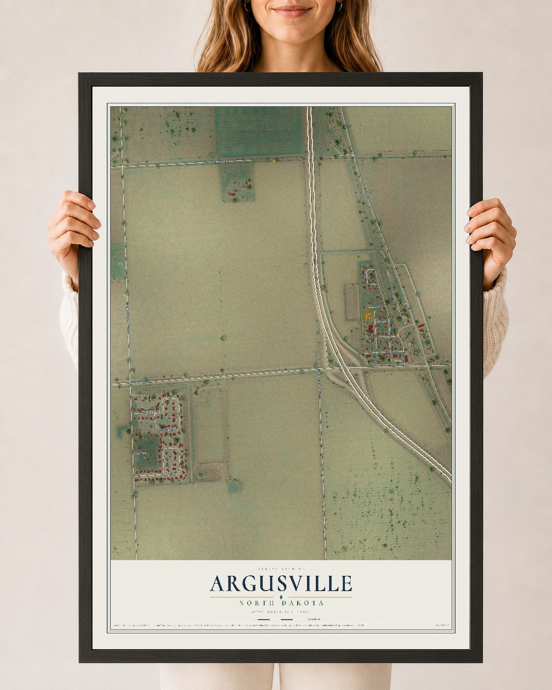 Map of Argusville, North Dakota, 24 x 36 inch print in a black wood frame