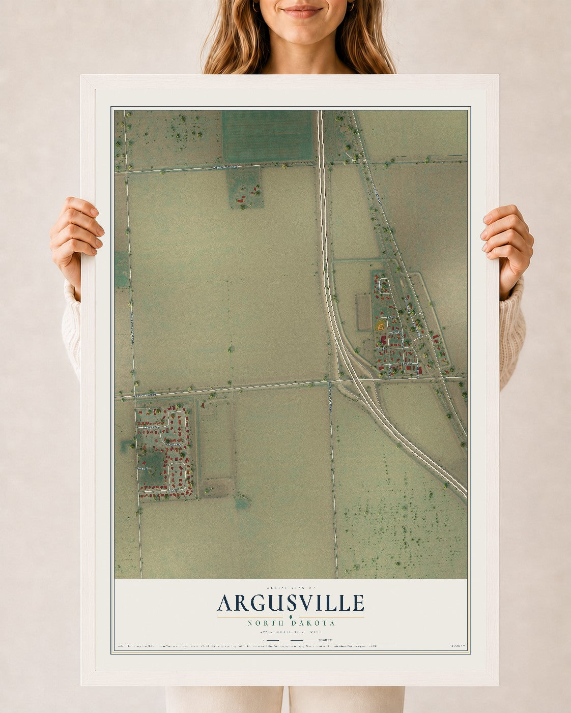 Map of Argusville, North Dakota, 24 x 36 inch print in a white wood frame