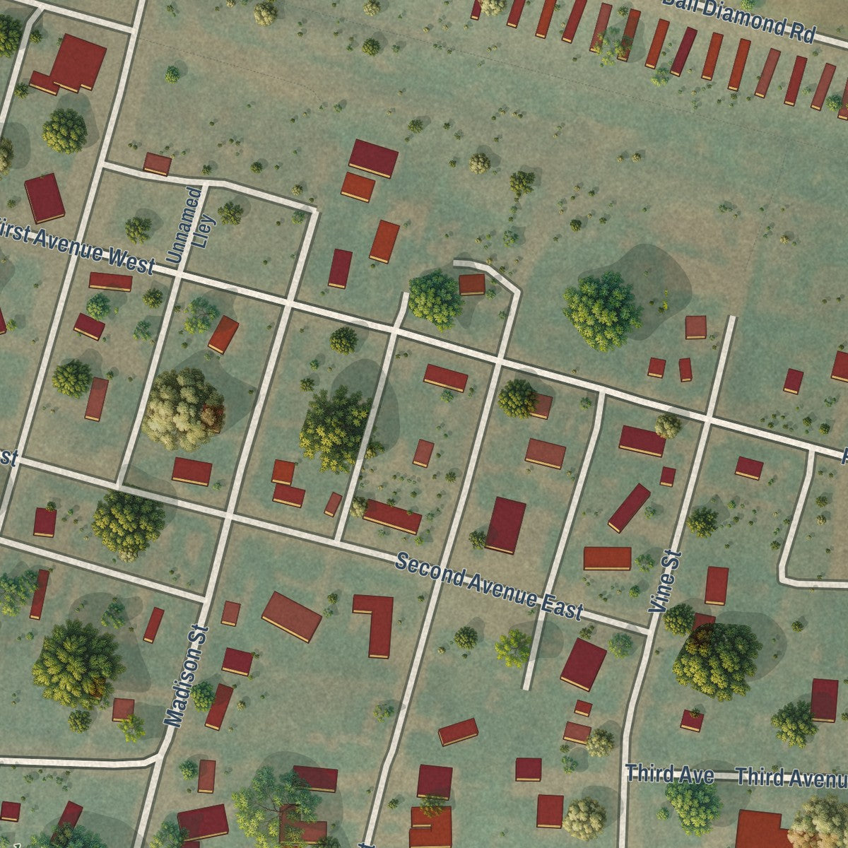 Close-up of the map of Arnegard, North Dakota print showing street and building detail