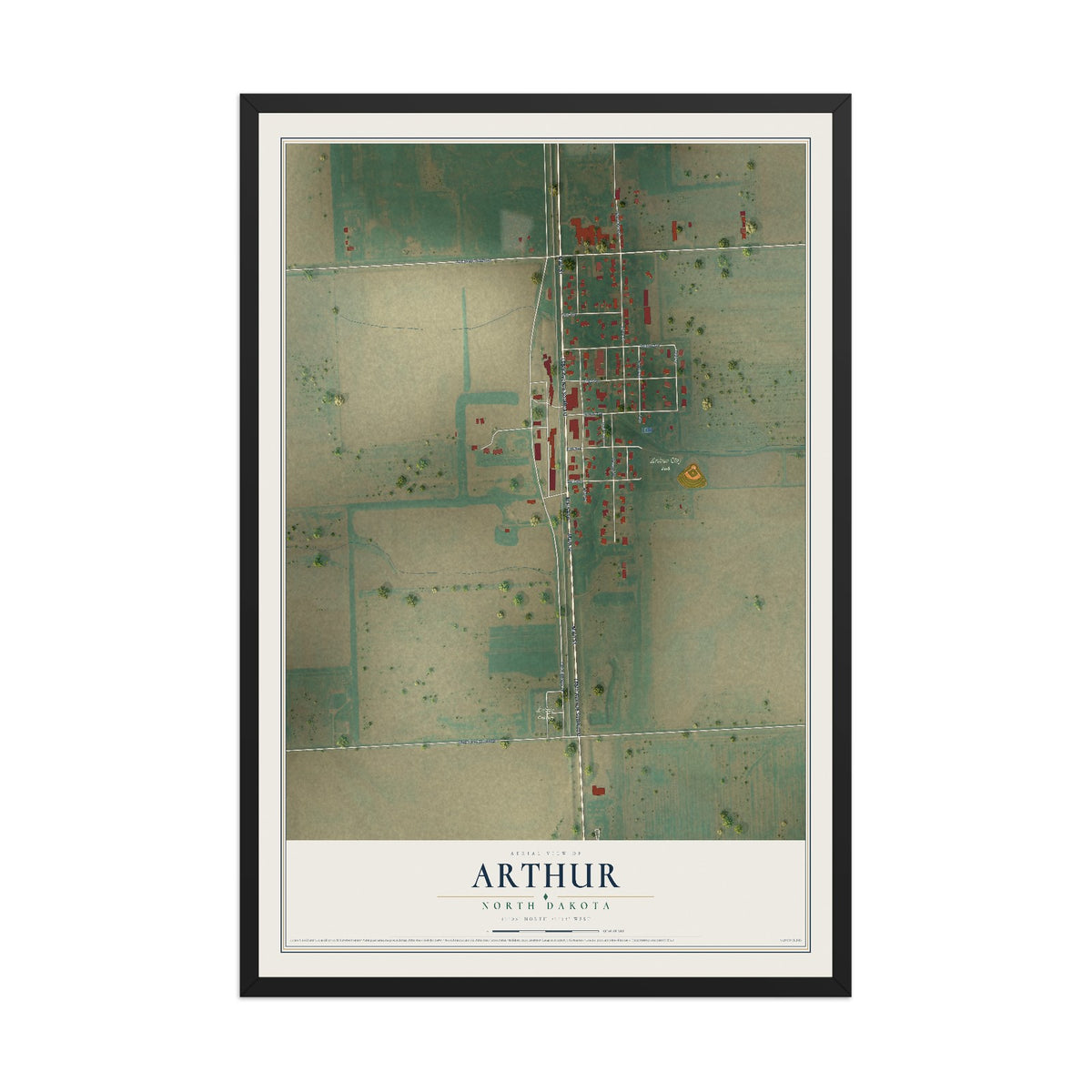 Map of Arthur, North Dakota, 12 x 18 inch print in a black wood frame
