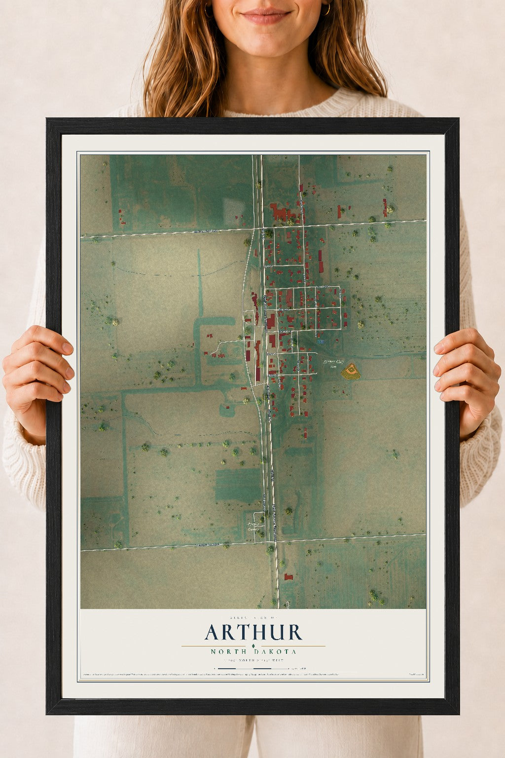 Map of Arthur, North Dakota, 18 x 24 inch print in a black wood frame