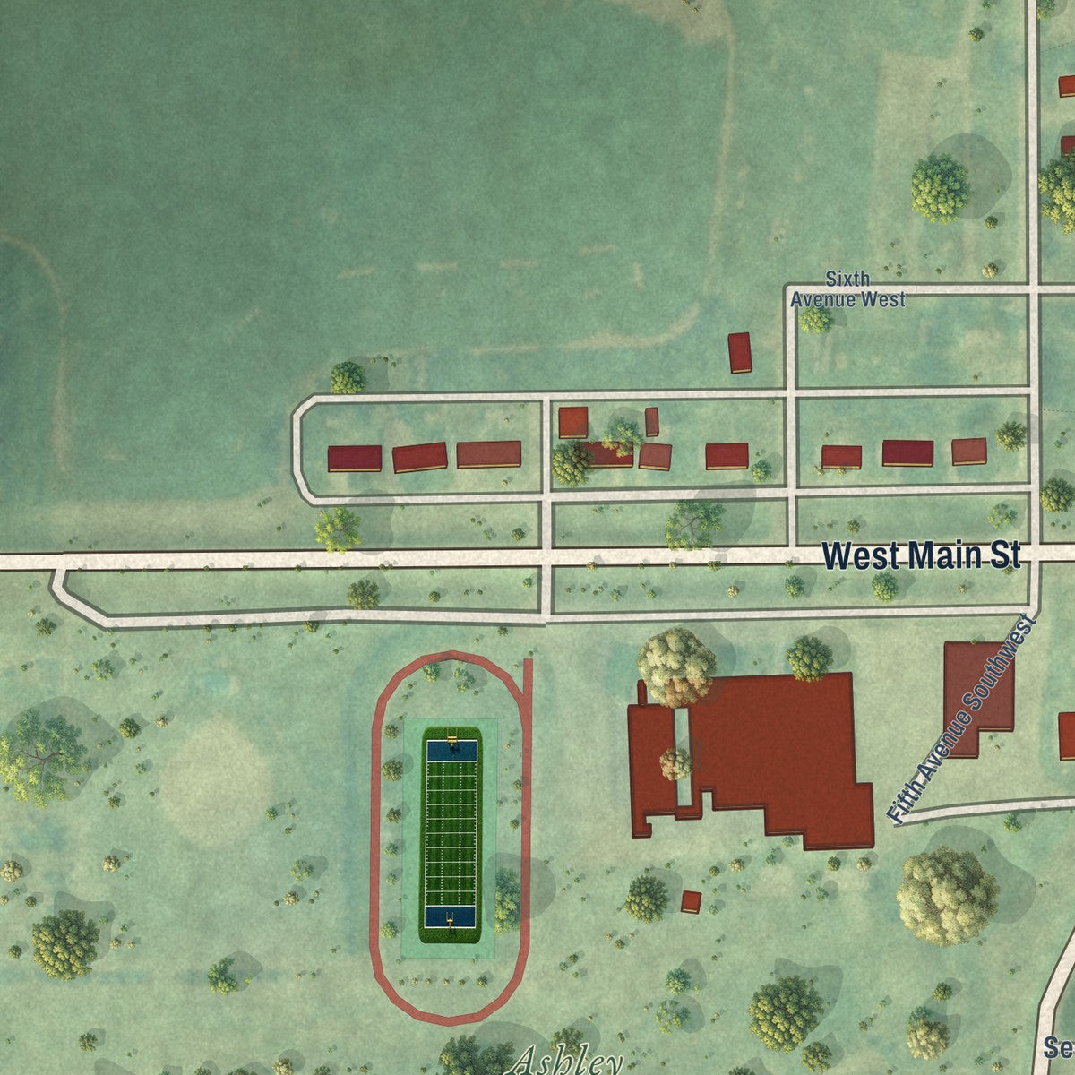 Second close-up of the map of Ashley, North Dakota print showing more streets and buildings