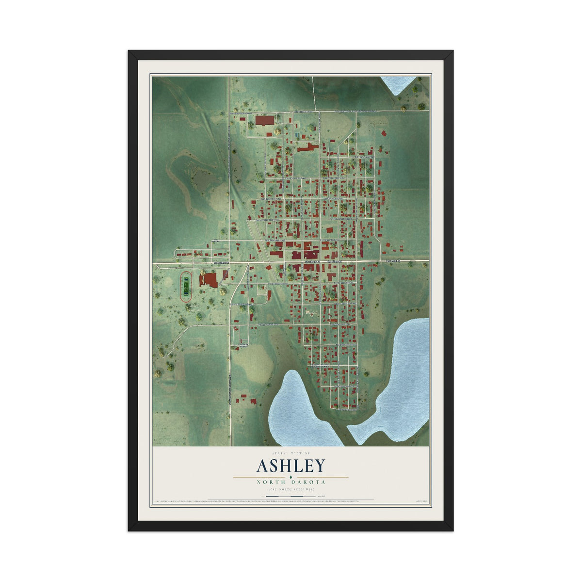 Map of Ashley, North Dakota, 12 x 18 inch print in a black wood frame