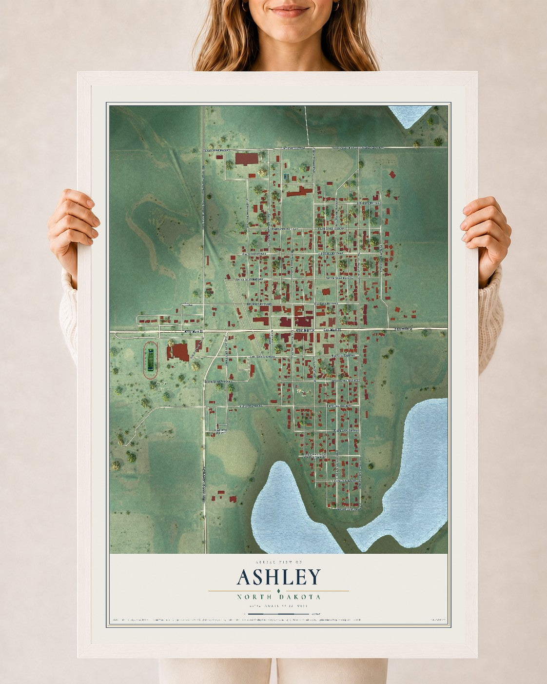 Map of Ashley, North Dakota, 24 x 36 inch print in a white wood frame