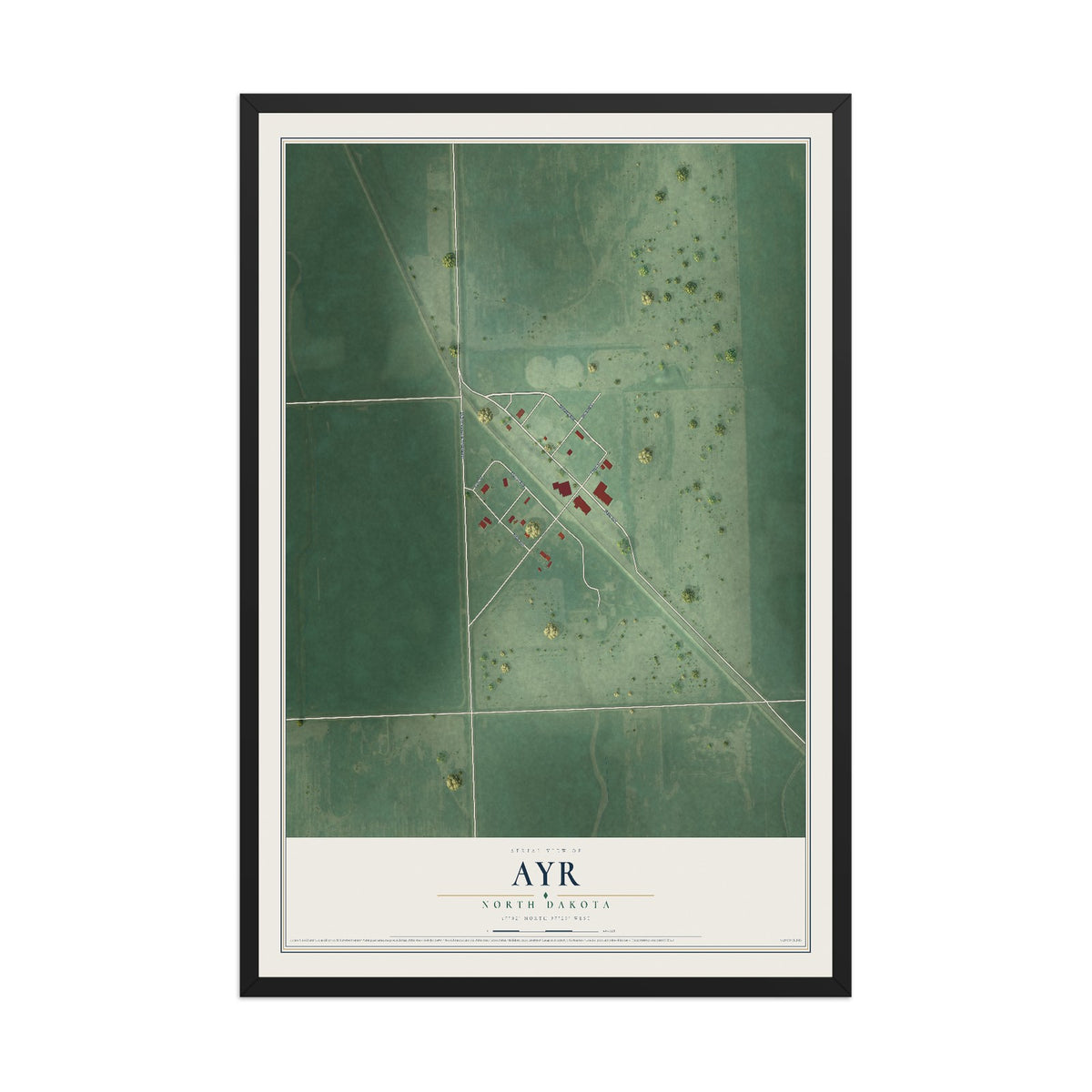 Map of Ayr, North Dakota, 12 x 18 inch print in a black wood frame