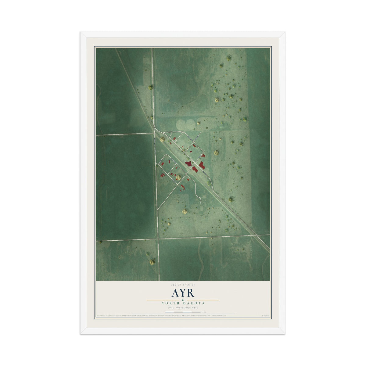 Map of Ayr, North Dakota, 12 x 18 inch print in a white wood frame