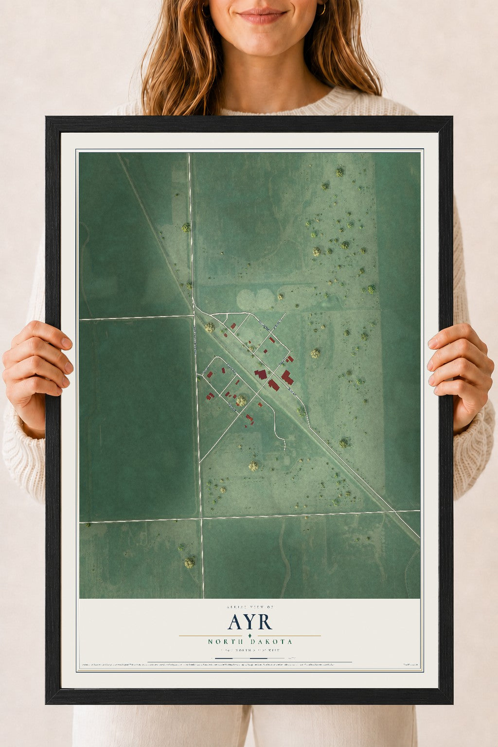 Map of Ayr, North Dakota, 18 x 24 inch print in a black wood frame