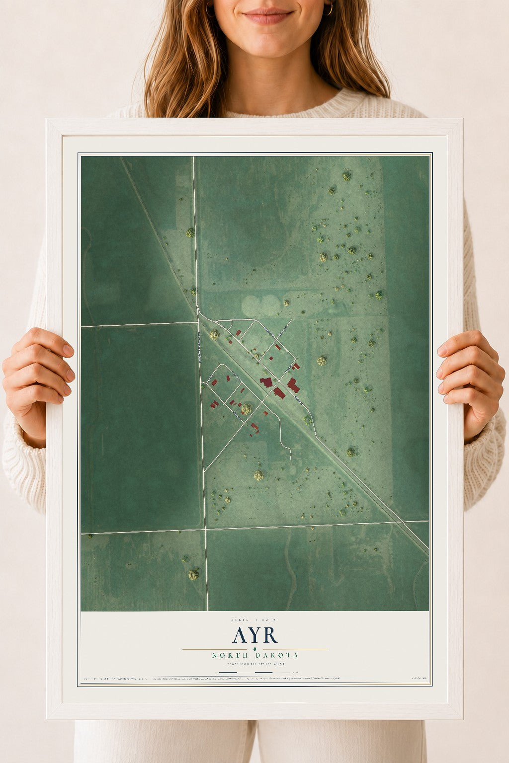 Map of Ayr, North Dakota, 18 x 24 inch print in a white wood frame