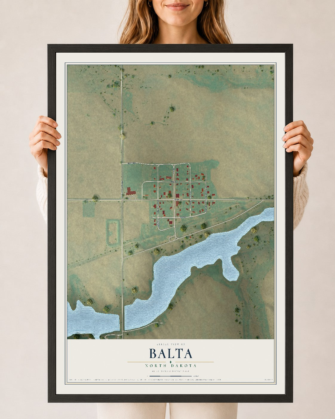 Map of Balta, North Dakota, 24 x 36 inch print in a black wood frame