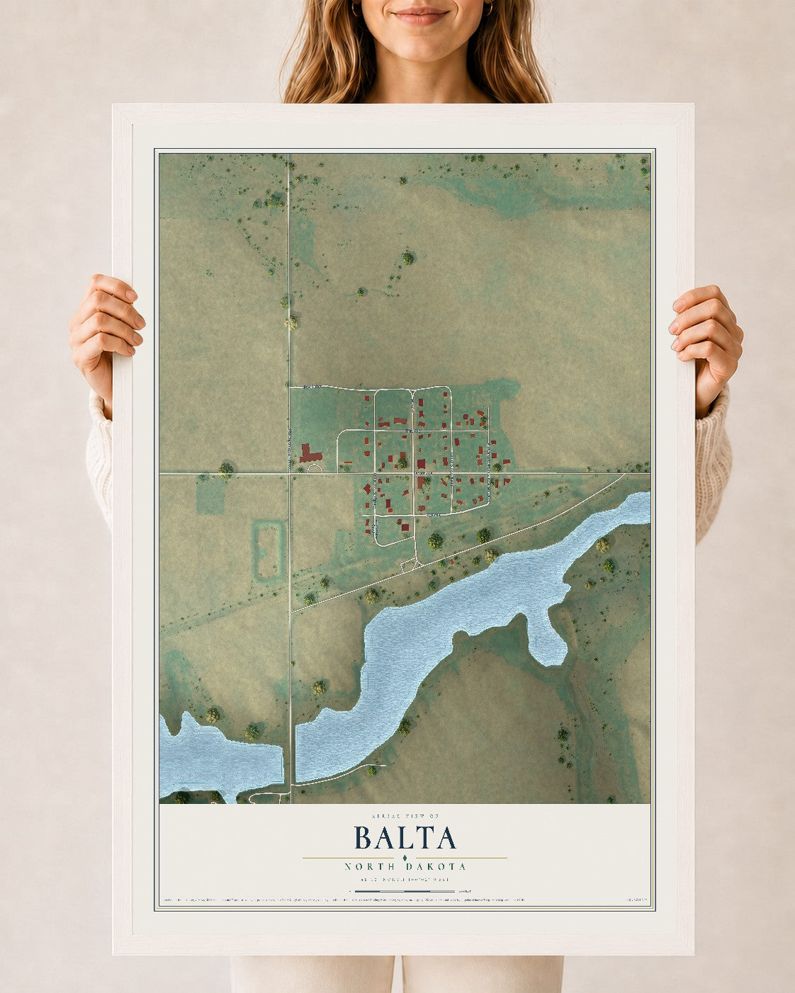 Map of Balta, North Dakota, 24 x 36 inch print in a white wood frame