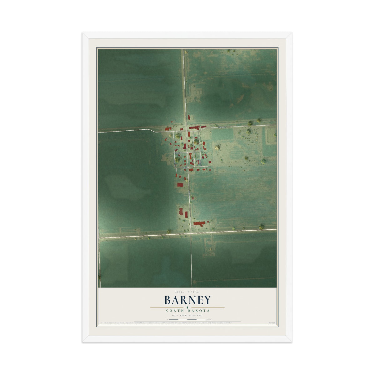 Map of Barney, North Dakota, 12 x 18 inch print in a white wood frame