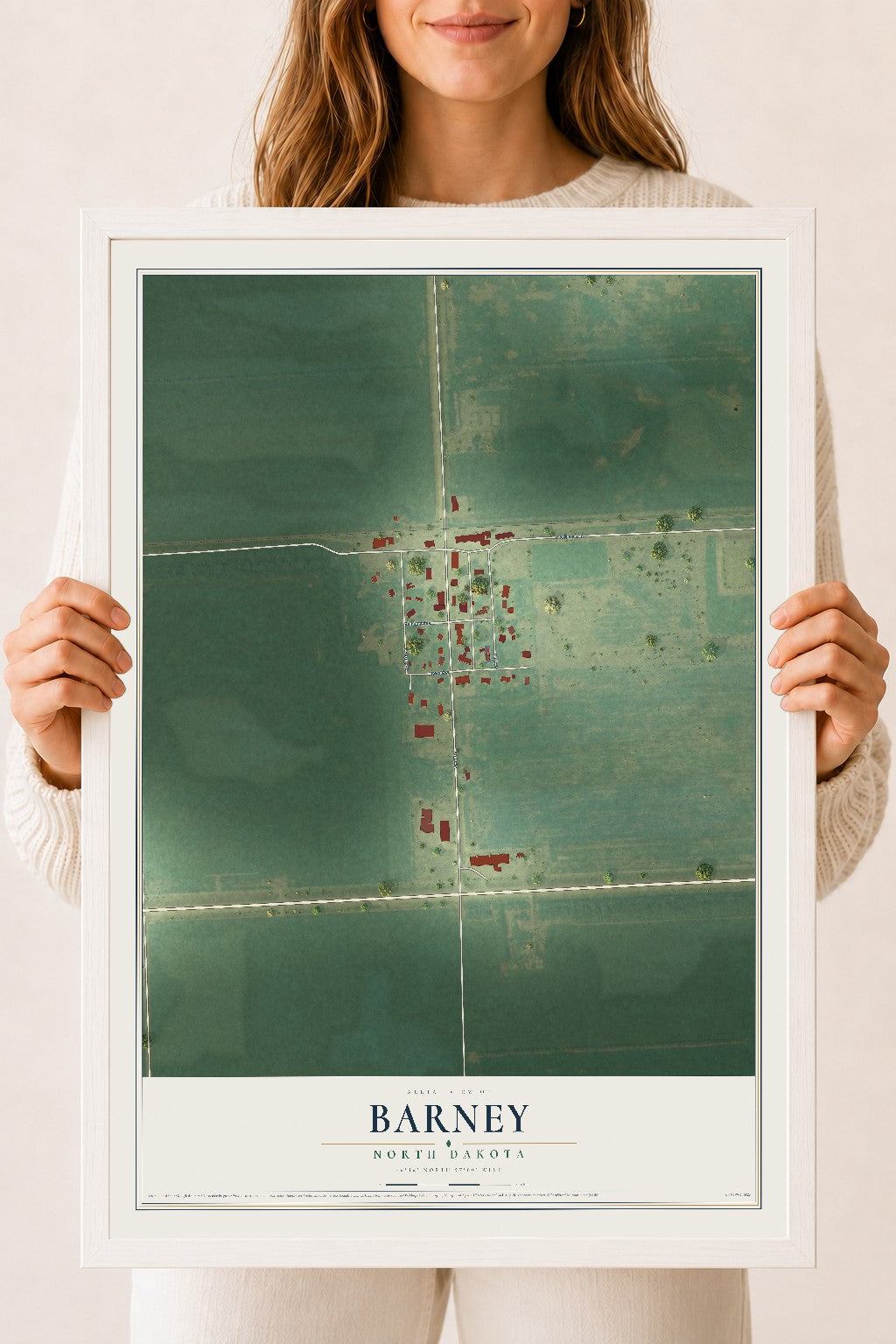 Map of Barney, North Dakota, 18 x 24 inch print in a white wood frame