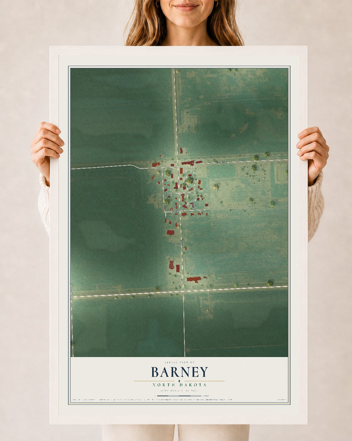 Map of Barney, North Dakota, 24 x 36 inch print in a white wood frame