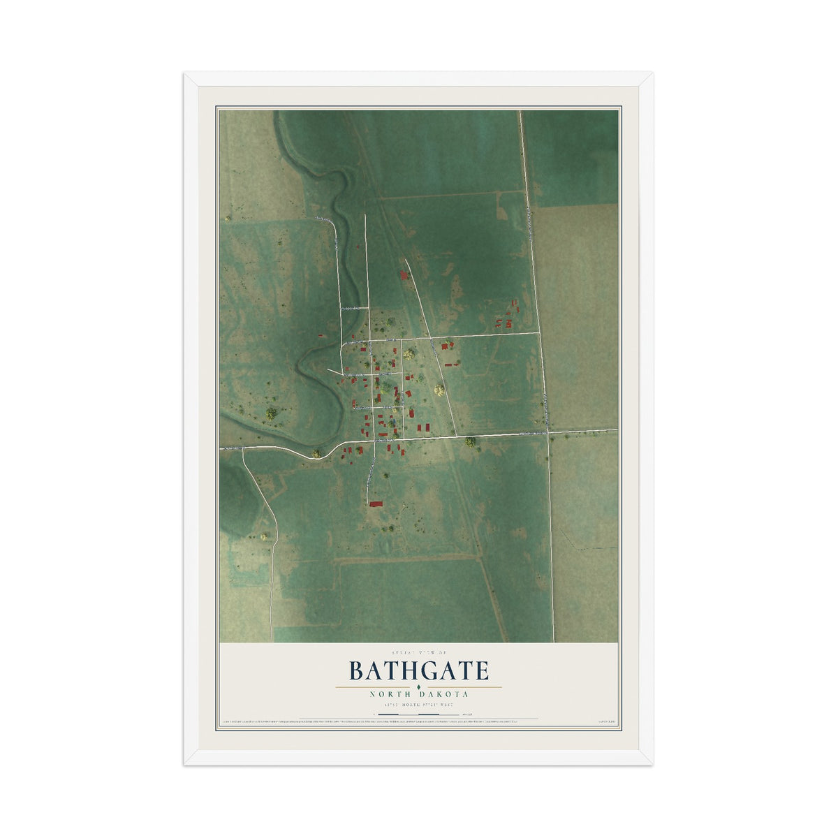 Map of Bathgate, North Dakota, 12 x 18 inch print in a white wood frame