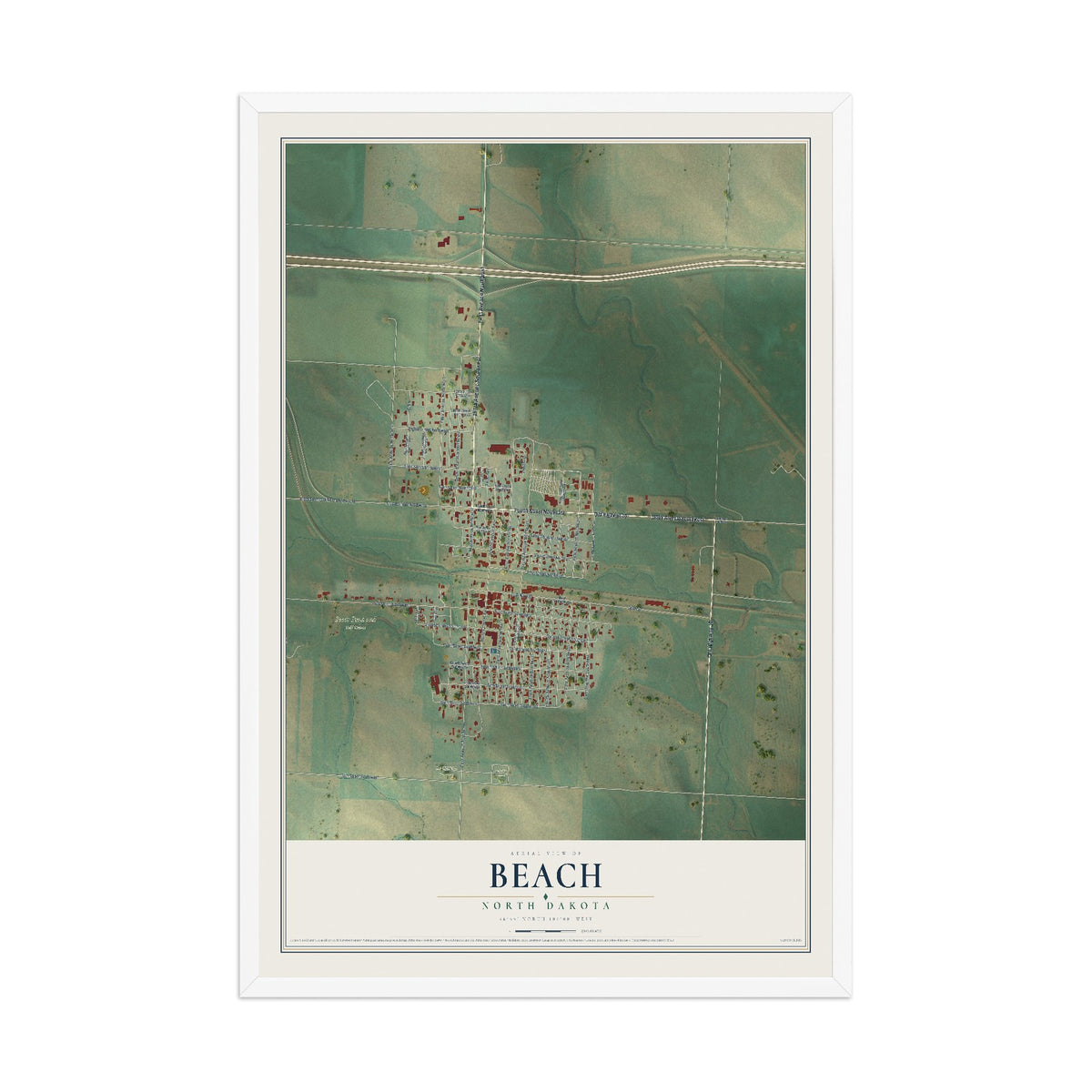 Map of Beach, North Dakota, 12 x 18 inch print in a white wood frame