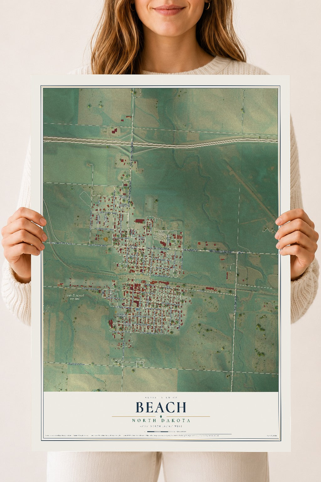 Map of Beach, North Dakota, 18 x 24 inch unframed archival matte print