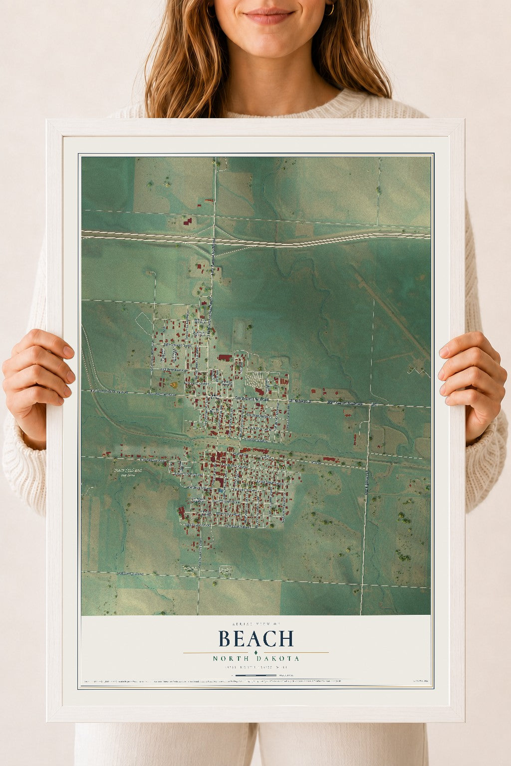 Map of Beach, North Dakota, 18 x 24 inch print in a white wood frame