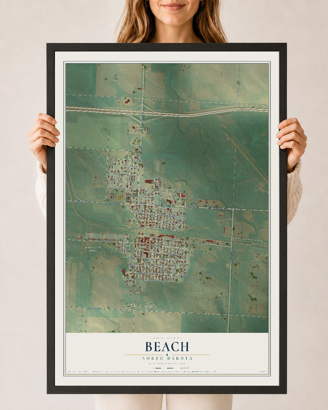 Map of Beach, North Dakota, 24 x 36 inch print in a black wood frame