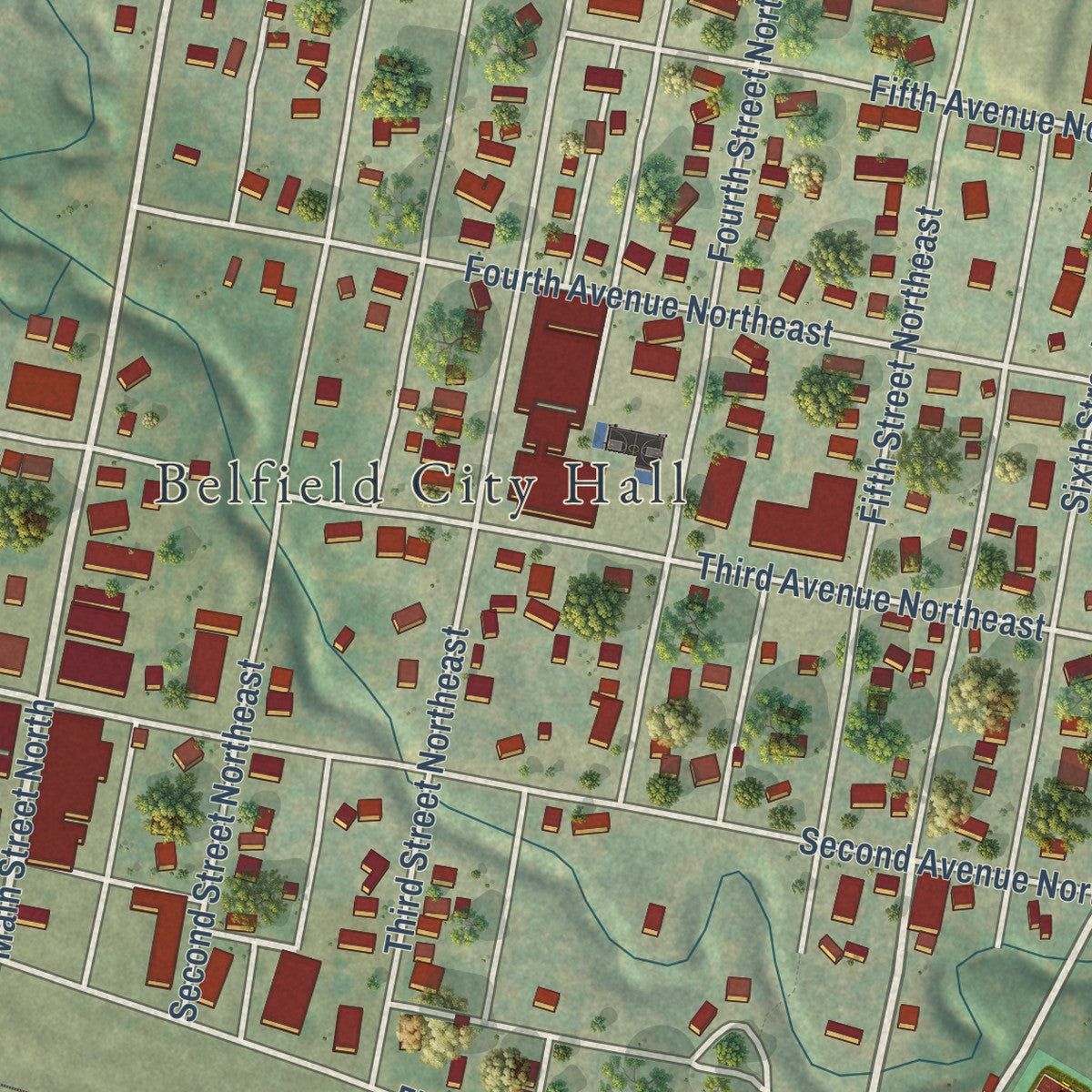 Close-up of the map of Belfield, North Dakota print showing street and building detail