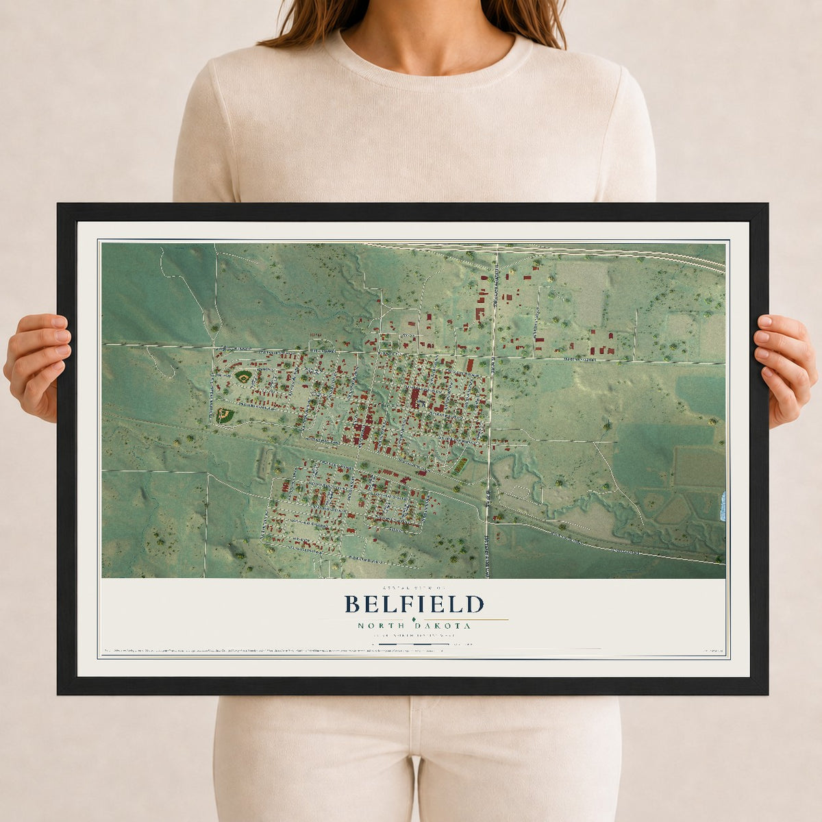 Map of Belfield, North Dakota, 12 x 18 inch print in a black wood frame