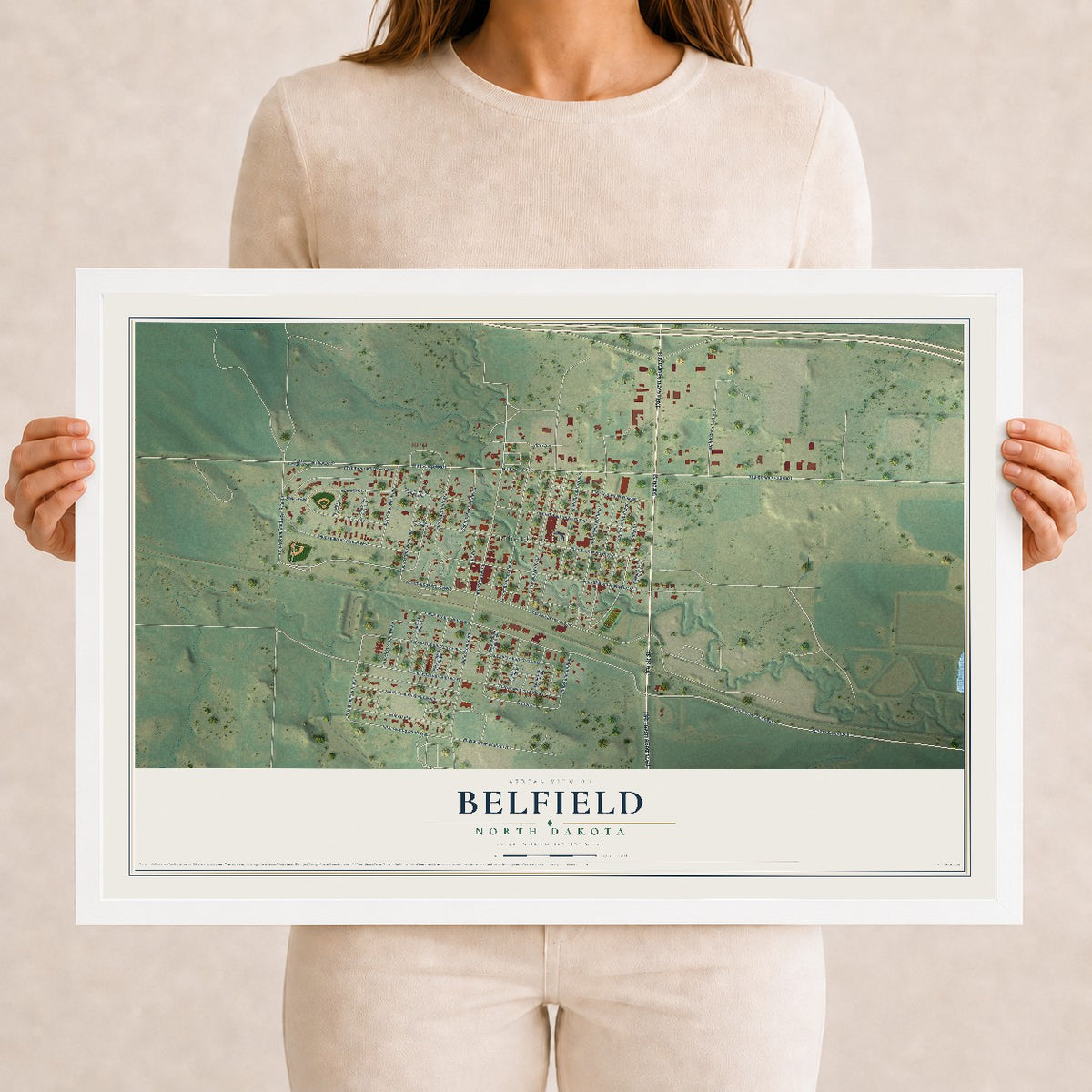 Map of Belfield, North Dakota, 12 x 18 inch print in a white wood frame