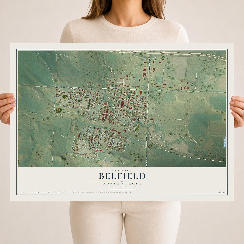 Map of Belfield, North Dakota, 18 x 24 inch unframed archival matte print