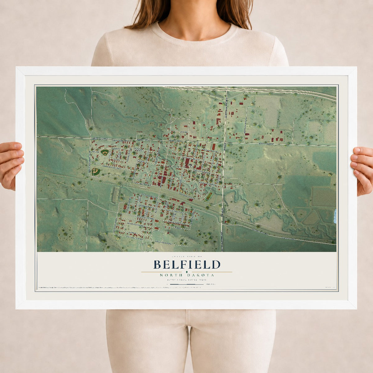 Map of Belfield, North Dakota, 18 x 24 inch print in a white wood frame