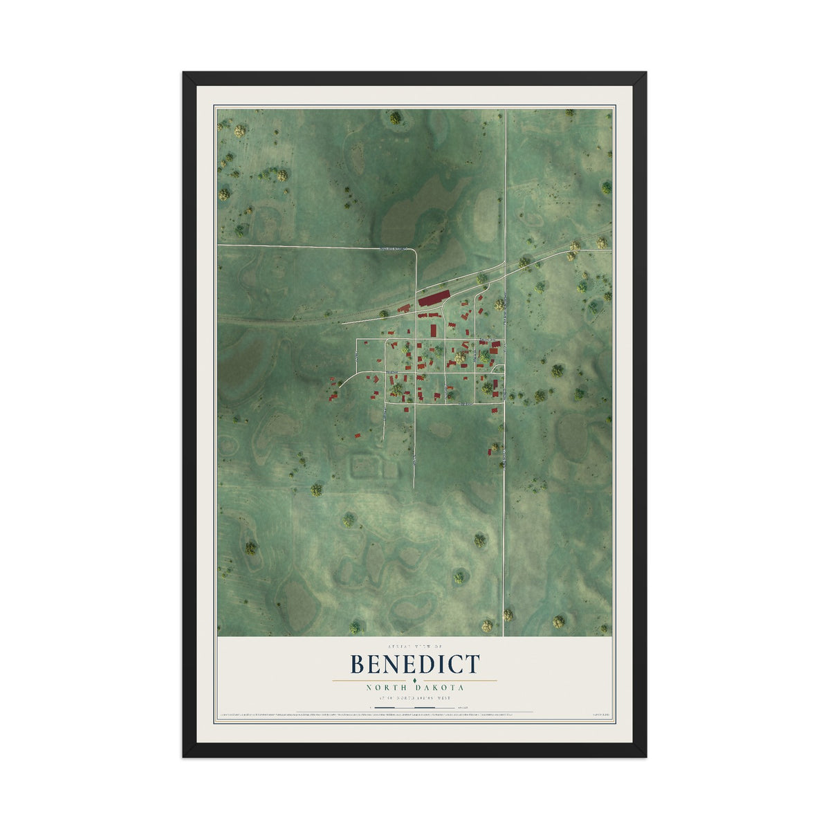 Map of Benedict, North Dakota, 12 x 18 inch print in a black wood frame
