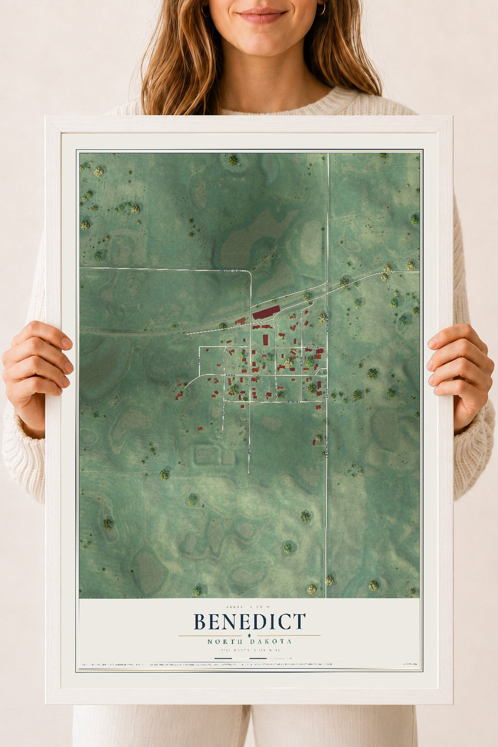 Map of Benedict, North Dakota, 18 x 24 inch print in a white wood frame