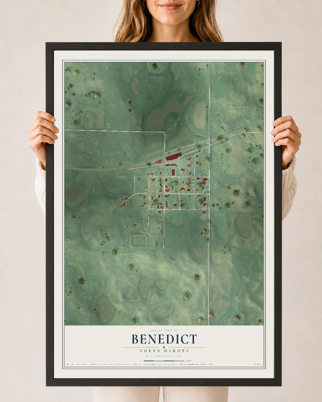 Map of Benedict, North Dakota, 24 x 36 inch print in a black wood frame