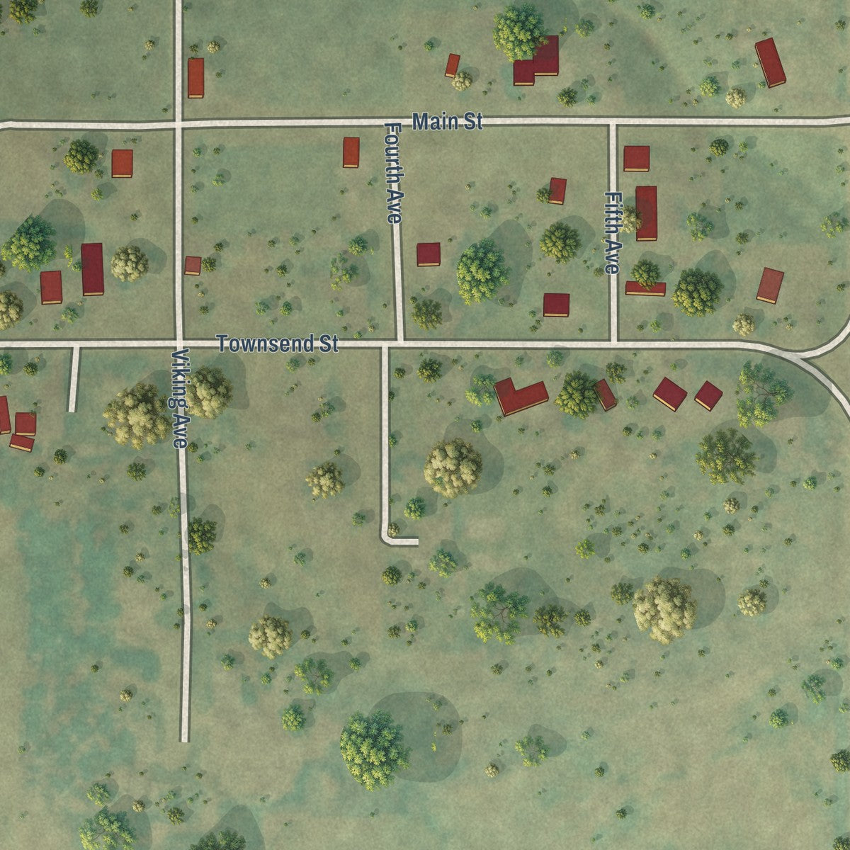 Close-up of the map of Bergen, North Dakota print showing street and building detail