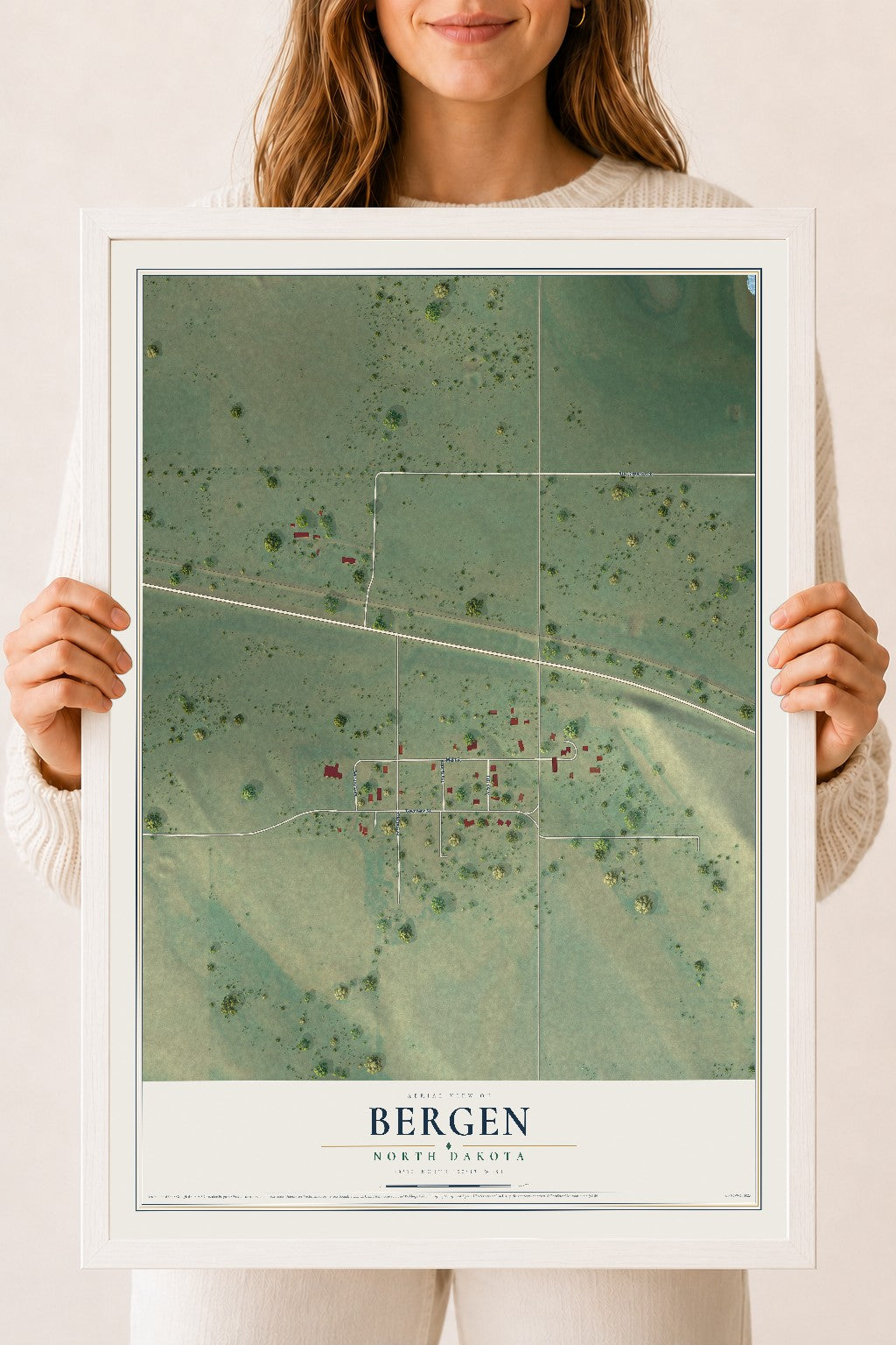 Map of Bergen, North Dakota, 18 x 24 inch print in a white wood frame