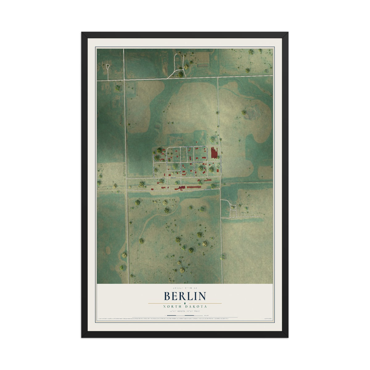 Map of Berlin, North Dakota, 12 x 18 inch print in a black wood frame