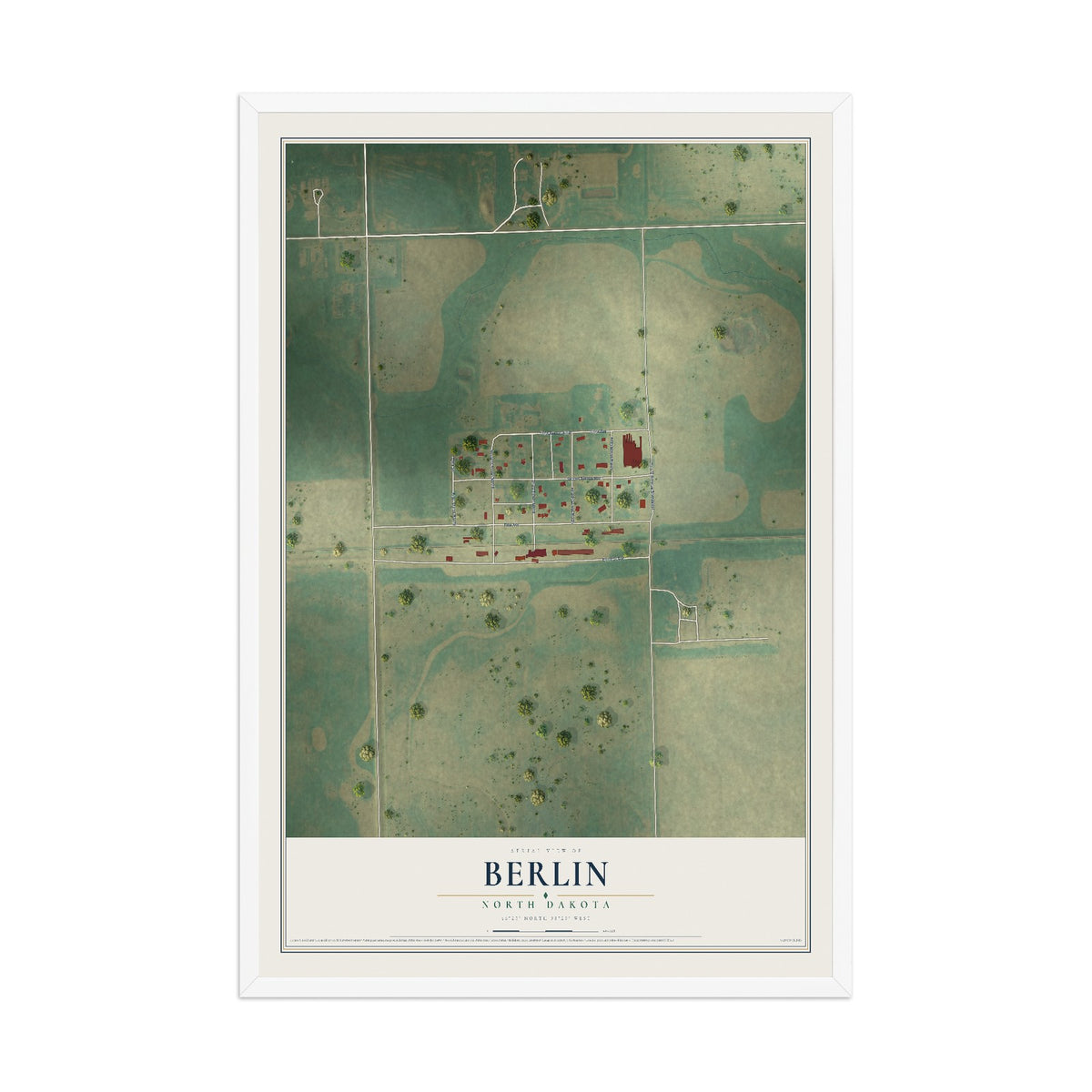 Map of Berlin, North Dakota, 12 x 18 inch print in a white wood frame
