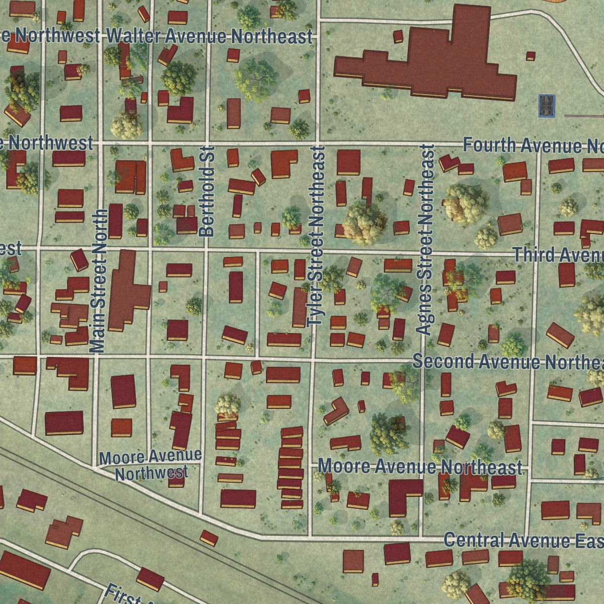 Close-up of the map of Berthold, North Dakota print showing street and building detail