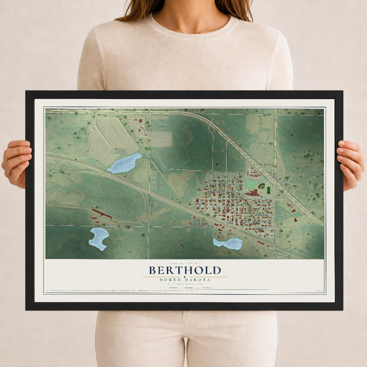 Map of Berthold, North Dakota, 12 x 18 inch print in a black wood frame