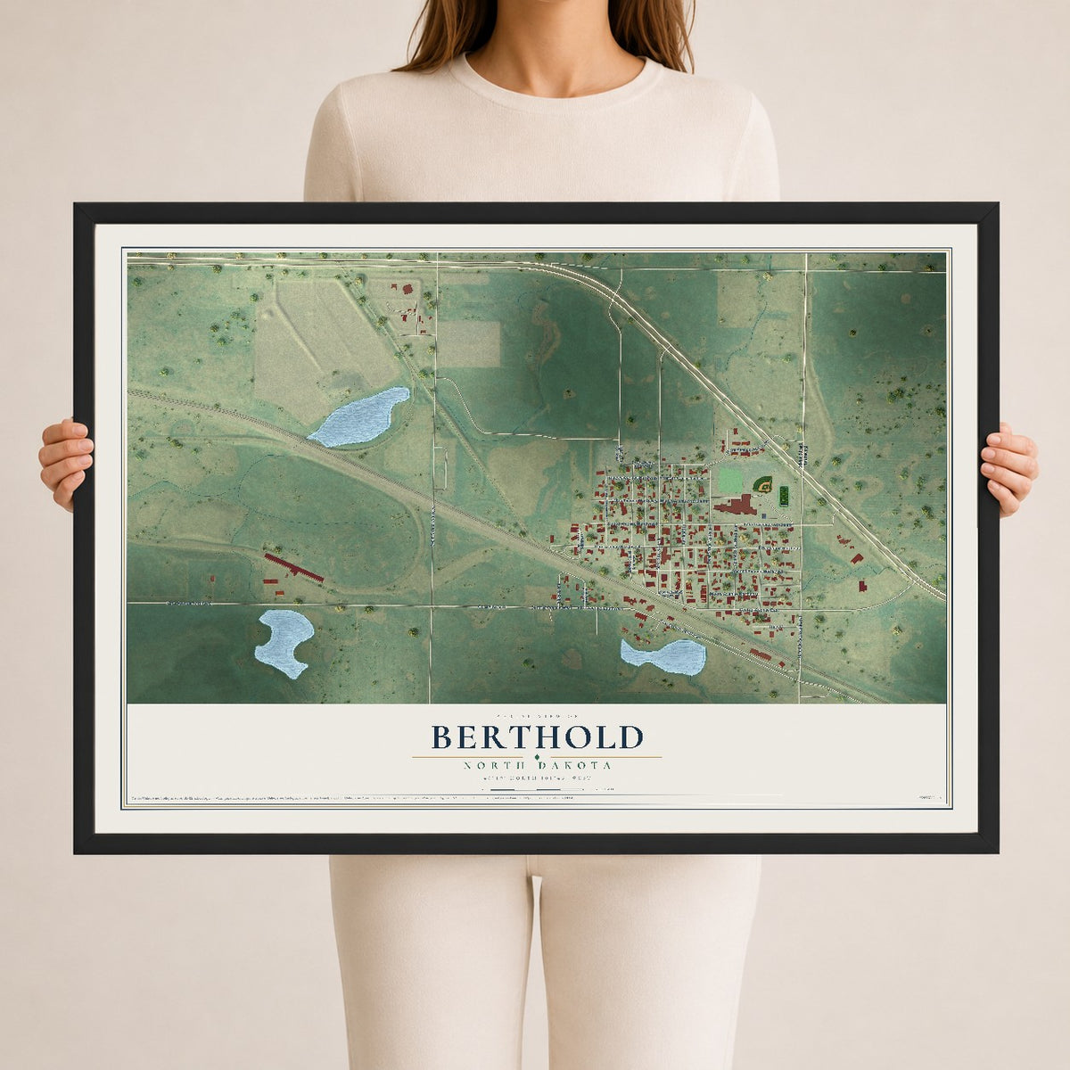 Map of Berthold, North Dakota, 24 x 36 inch print in a black wood frame