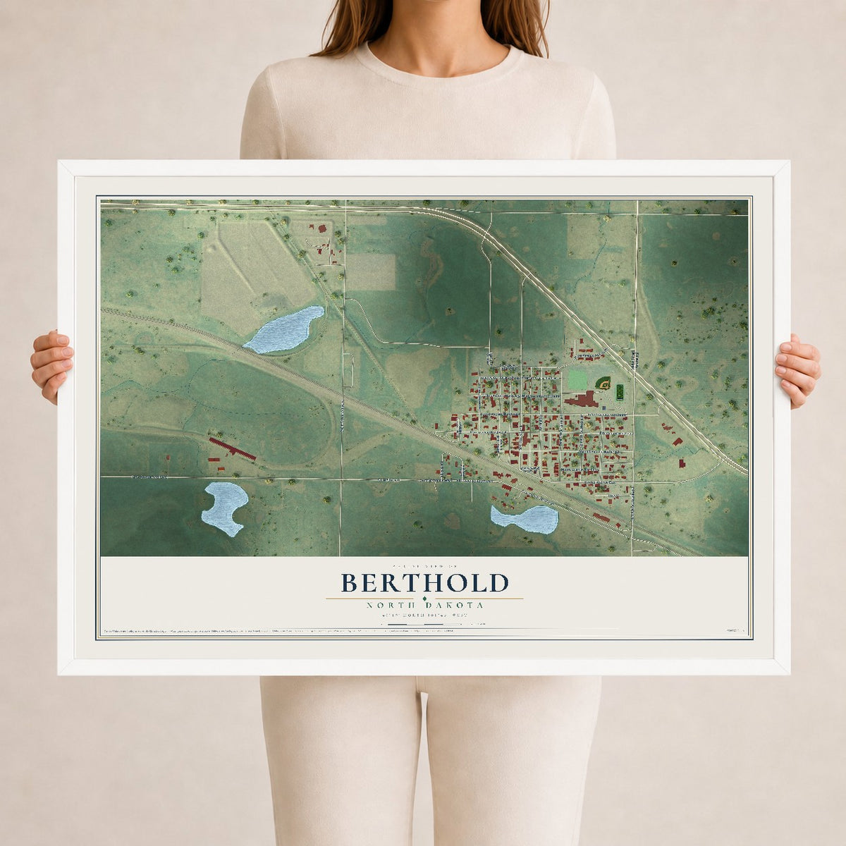 Map of Berthold, North Dakota, 24 x 36 inch print in a white wood frame