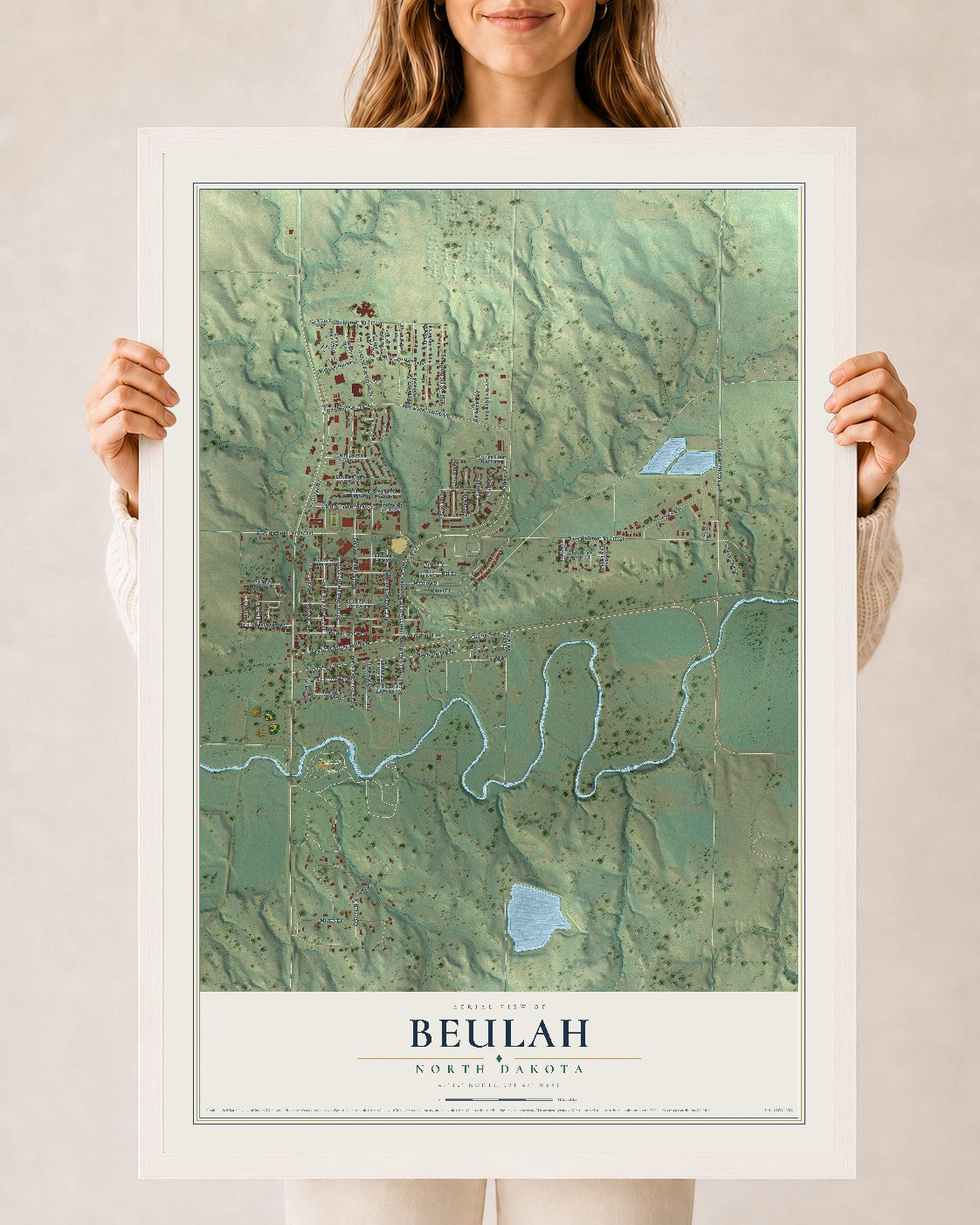 Map of Beulah, North Dakota, 24 x 36 inch print in a white wood frame