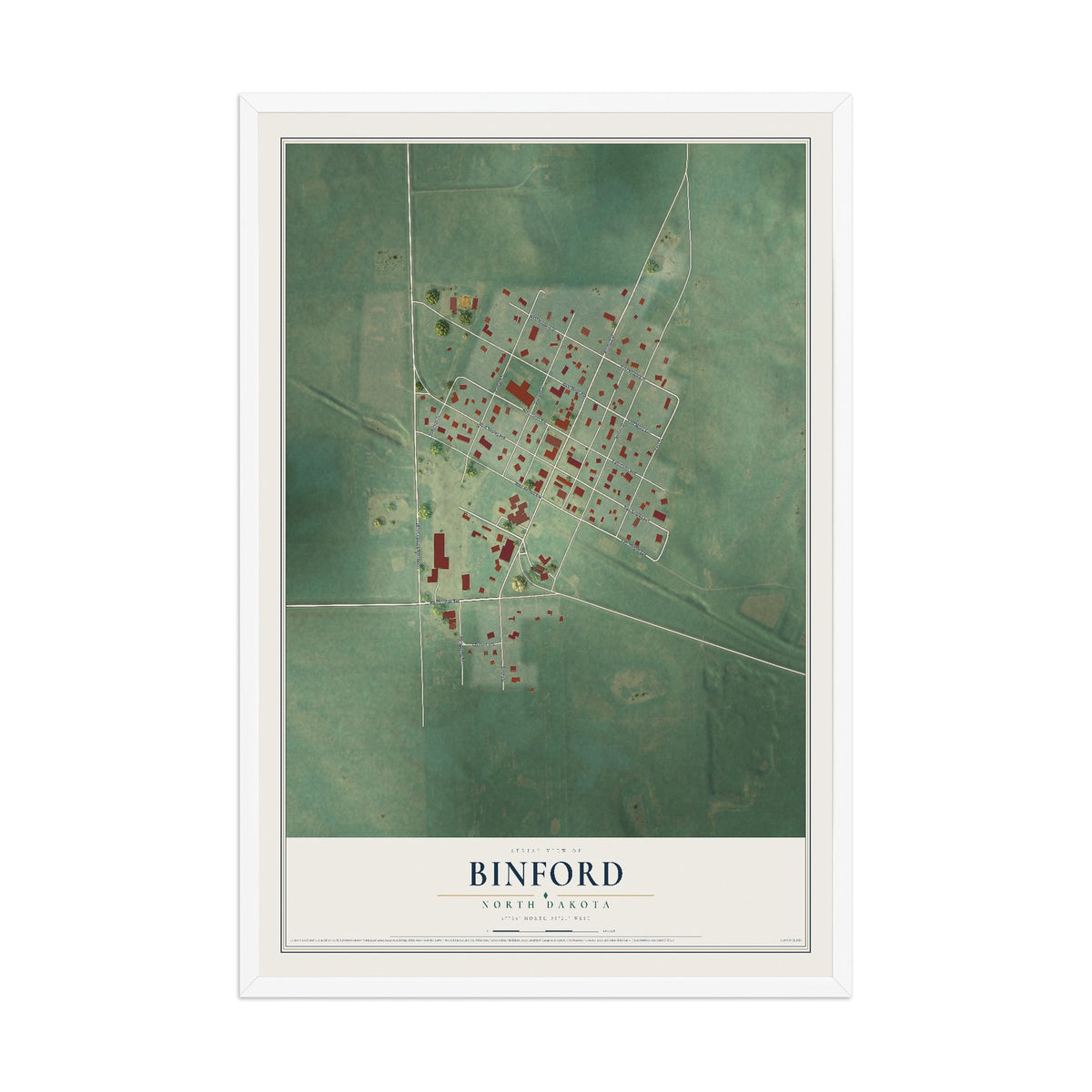 Map of Binford, North Dakota, 12 x 18 inch print in a white wood frame