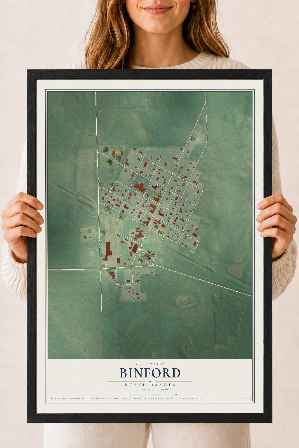 Map of Binford, North Dakota, 18 x 24 inch print in a black wood frame